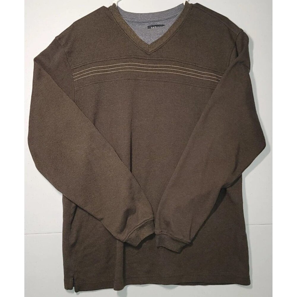 Van Heusen Men's Brown Grey-Blue Layer V-Neck Sweater Size Medium y2k